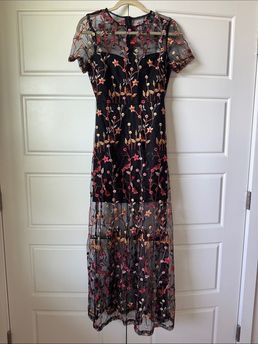 Endless Rose Black Mesh Maxi Dress with Pink and Gold Floral Embroidery